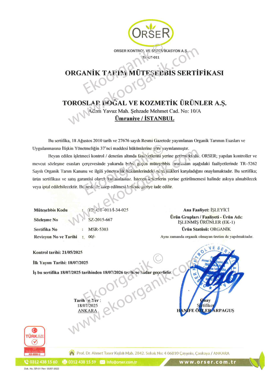 Toroslar Organic Orser Certificate
