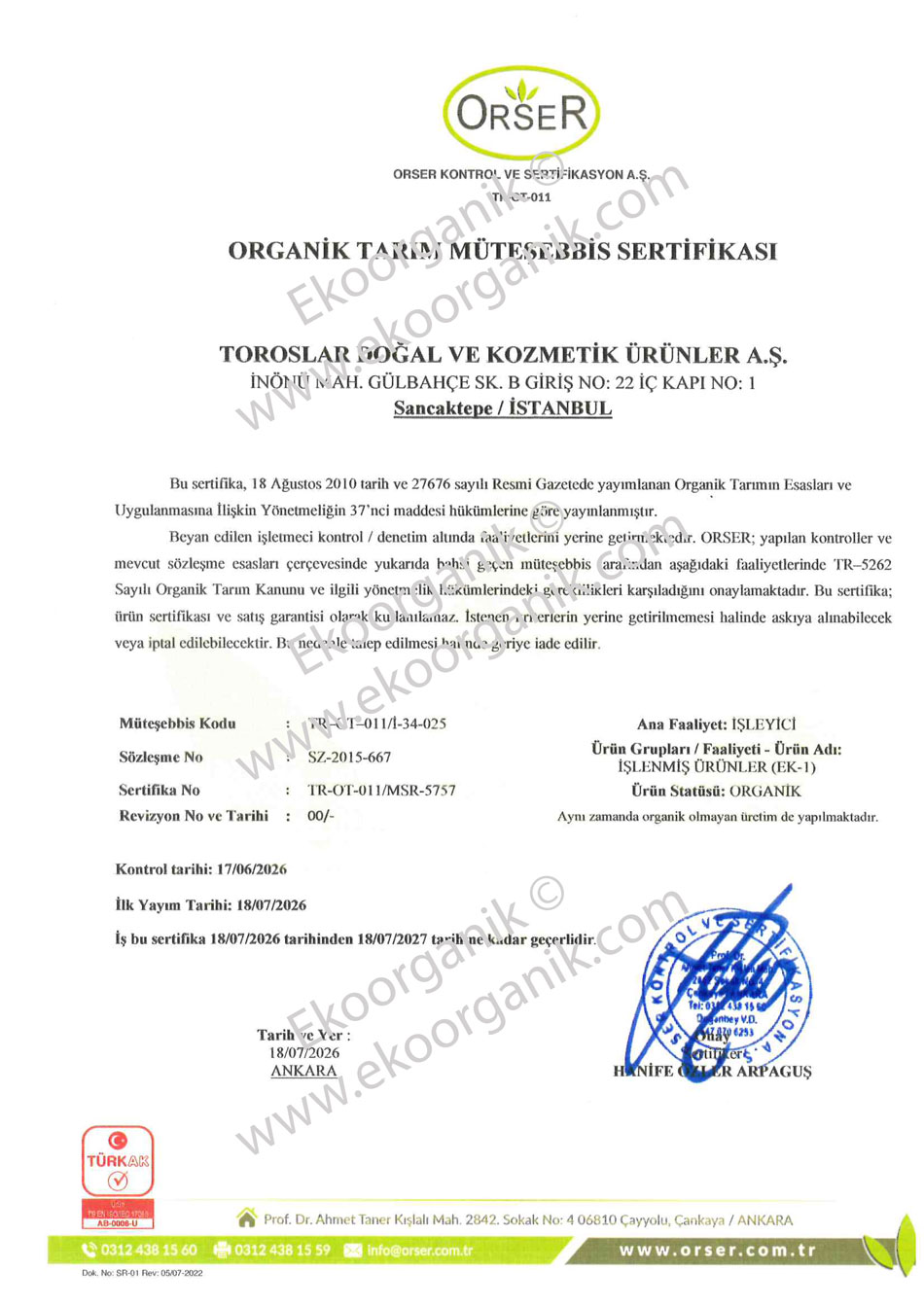 Toroslar Organic Orser Certificate