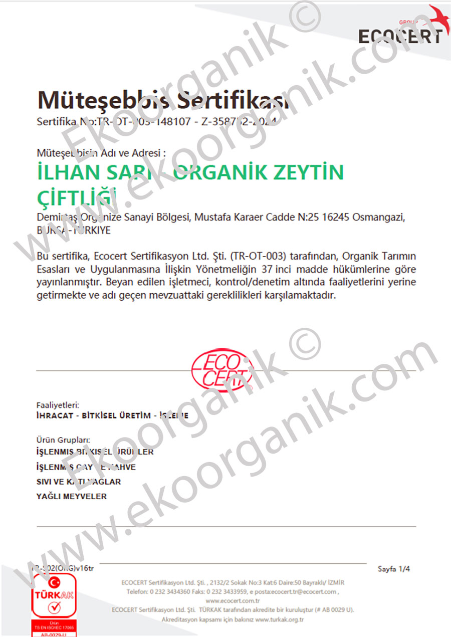İlhan Sarı Organic Olive Farm ECOCERT Certificate