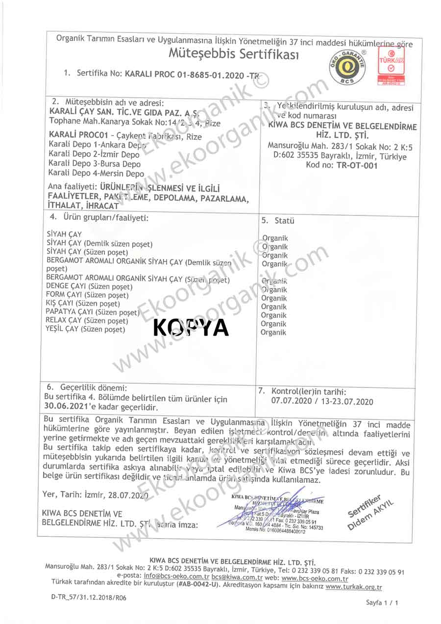 Karali Turskish Tea BCS Certificate