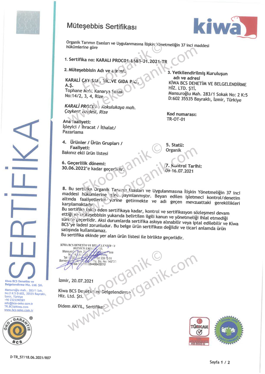 Karali Turskish Tea BCS Certificate