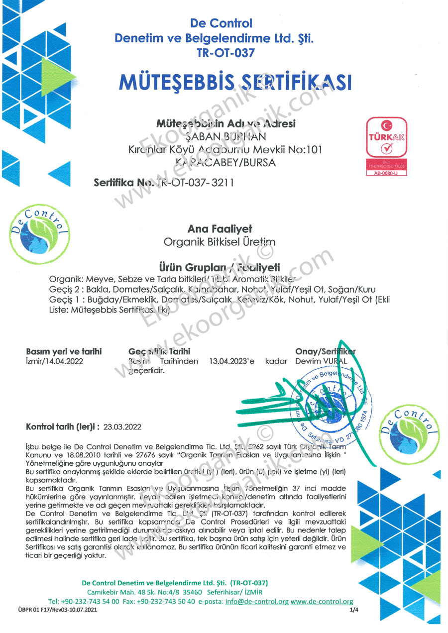 Şaban Burhan, Karlıdağ Organic Farm, Bursa Karacabey De Control Certificate