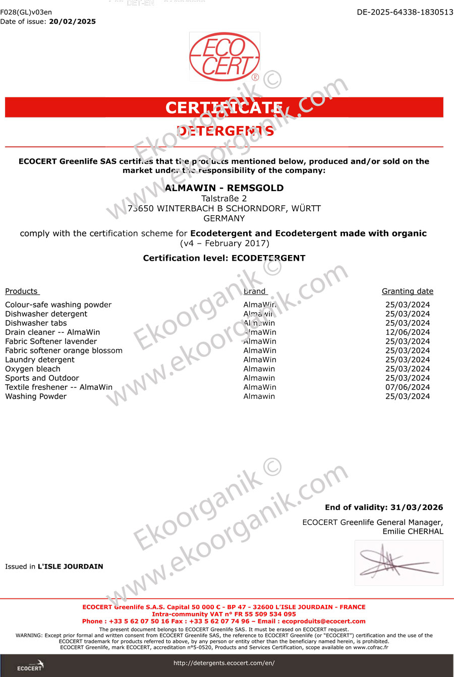 AlmaWin Reinigungskonzentrate GmbH ECOCERT Certificate