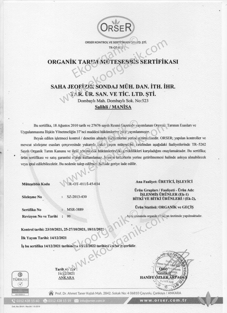 Kroisos Organic Olive & Olive Oils Orser Certificate