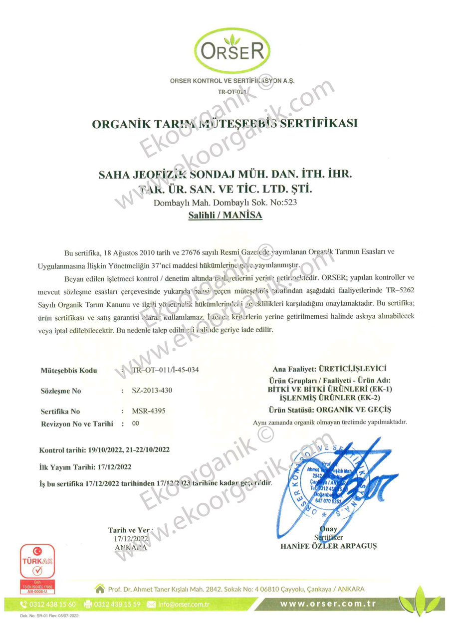 Kroisos Organic Olive & Olive Oils Orser Certificate