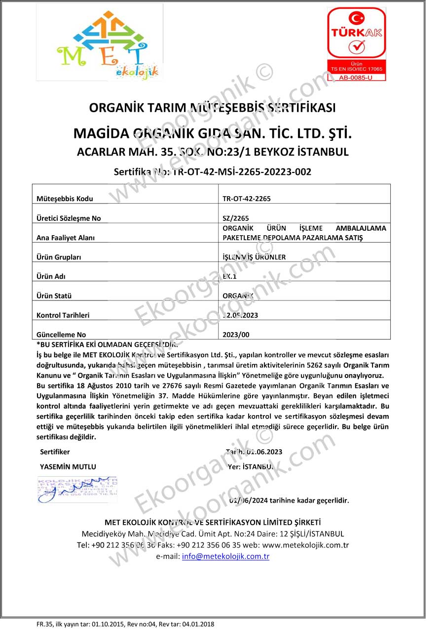 Magida Organic Food Met Certificate