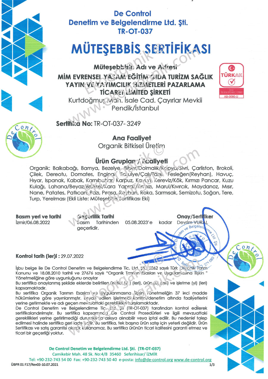 Mimsera Organic Farm De Control Certificate