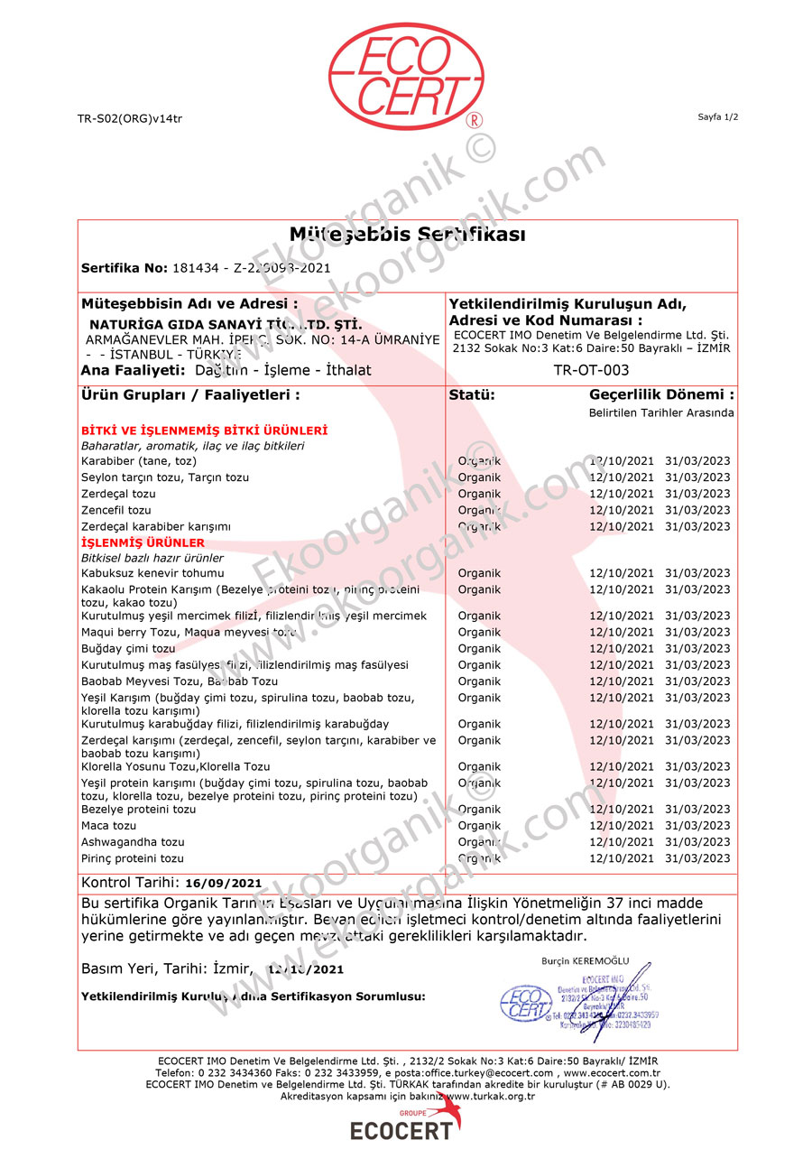 Naturiga Süper Gıda ECOCERT Sertifika