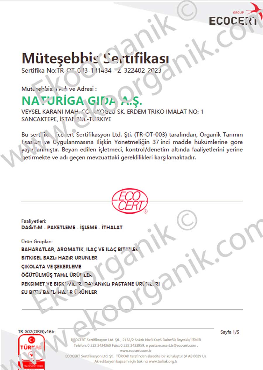Naturiga Natural Foods ECOCERT Certificate