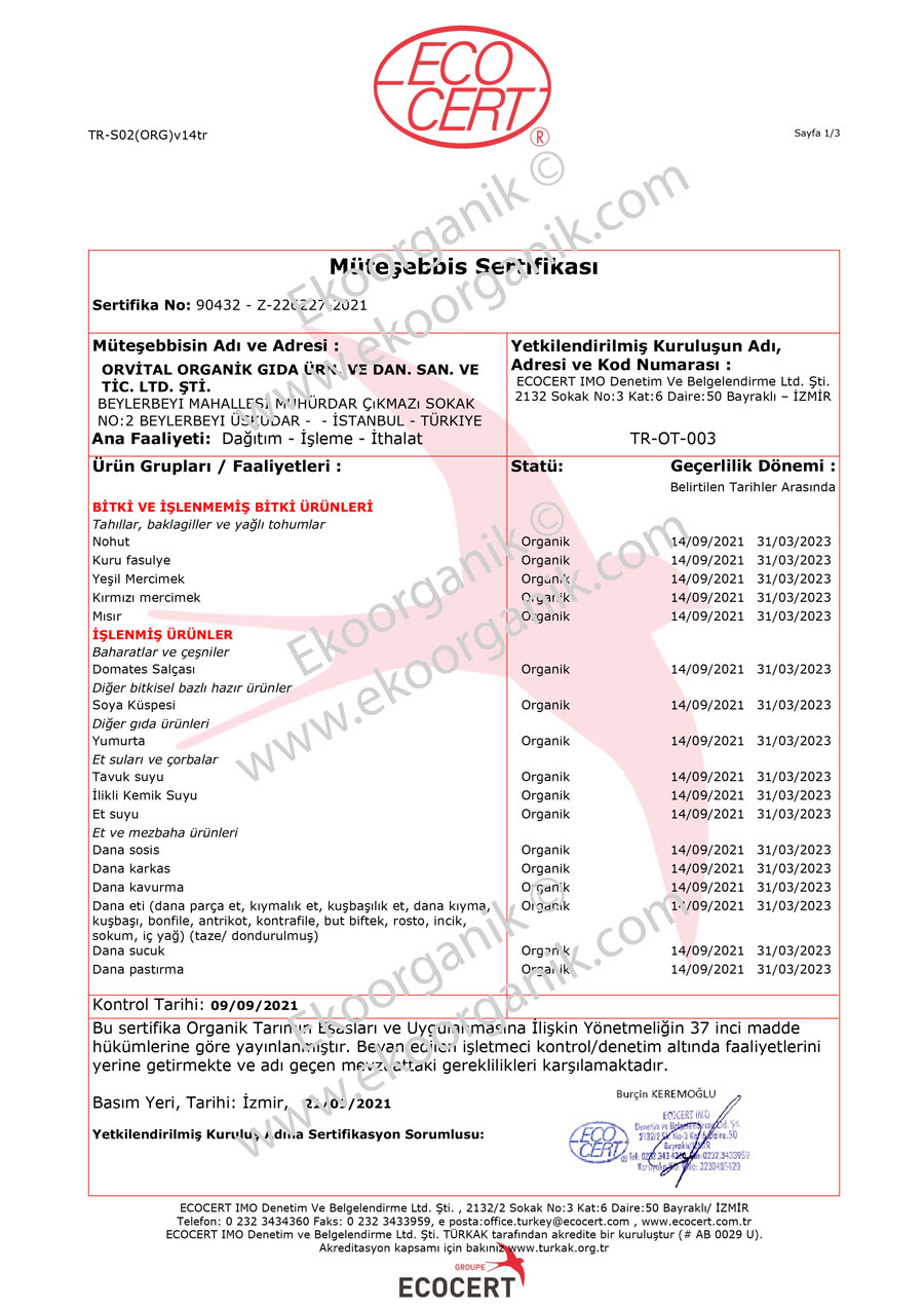 Orvital Organic Food ECOCERT Certificate