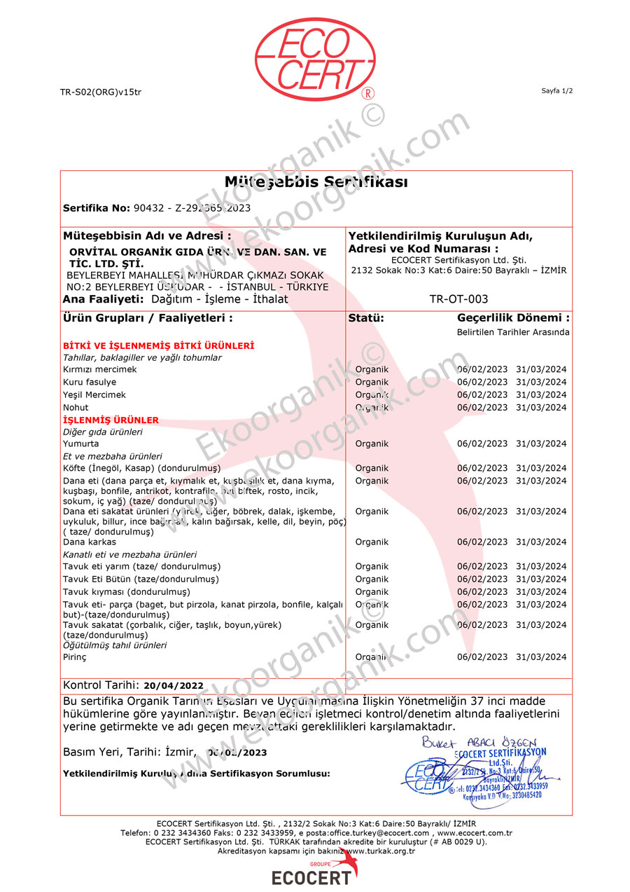 Orvital Organic Food ECOCERT Certificate