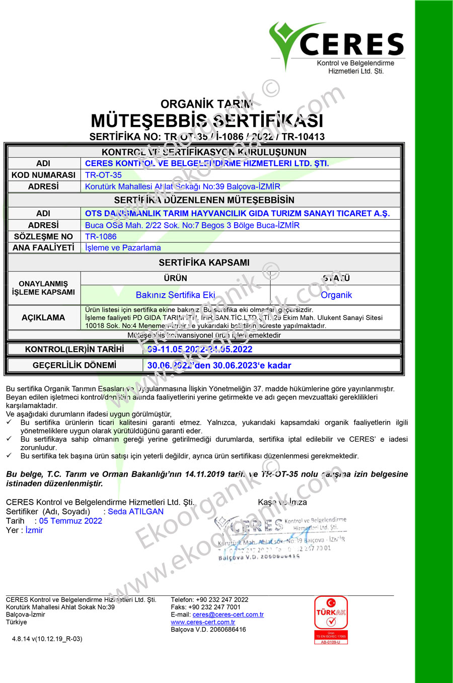 OTS Organic Food - İzmir, Turkey Ceres Certificate