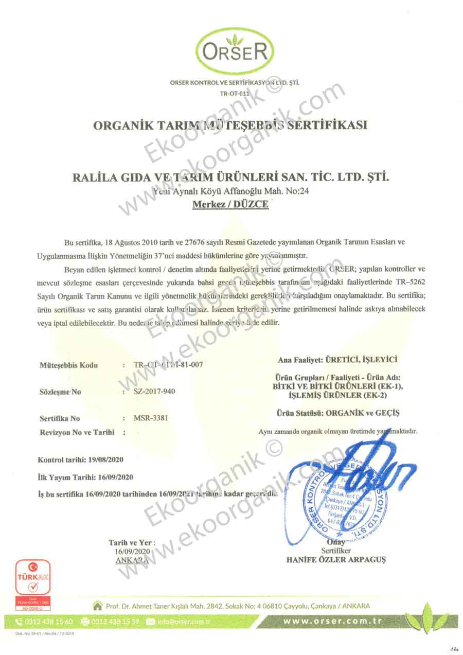 Ralila Organic Food Orser Certificate