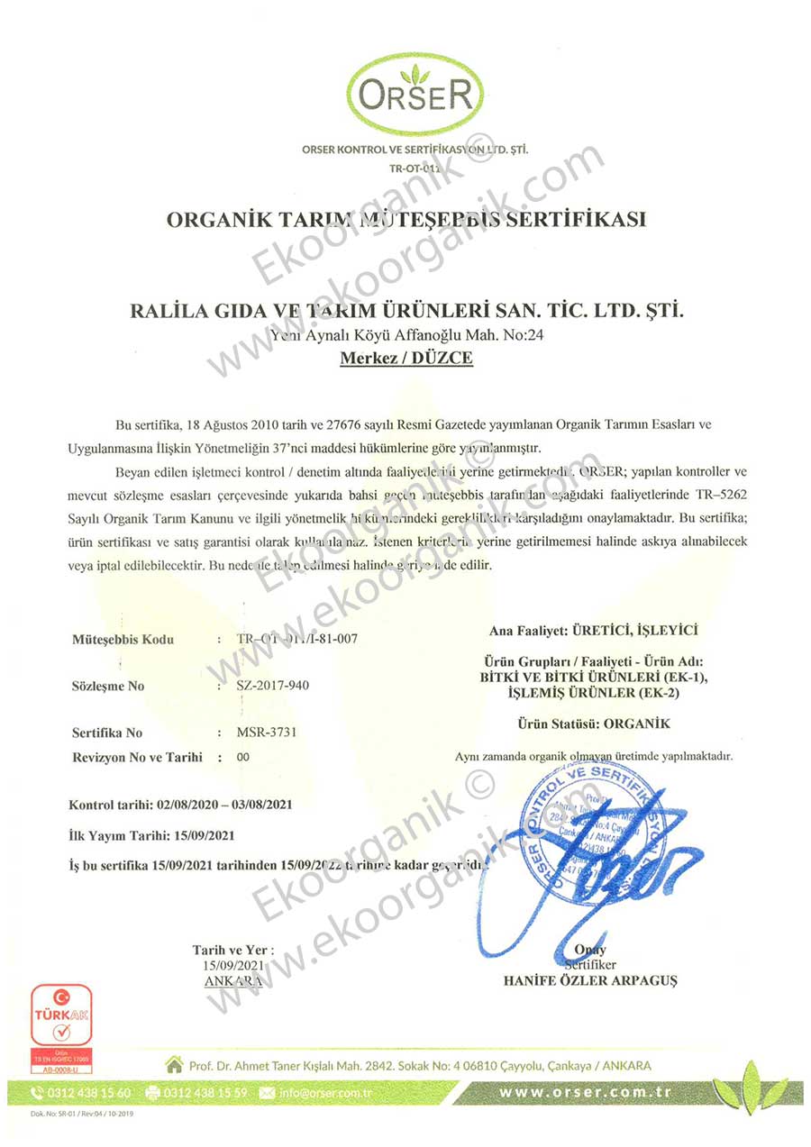 Ralila Organic Food Orser Certificate