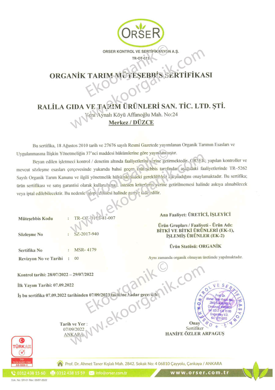 Ralila Organic Food Orser Certificate
