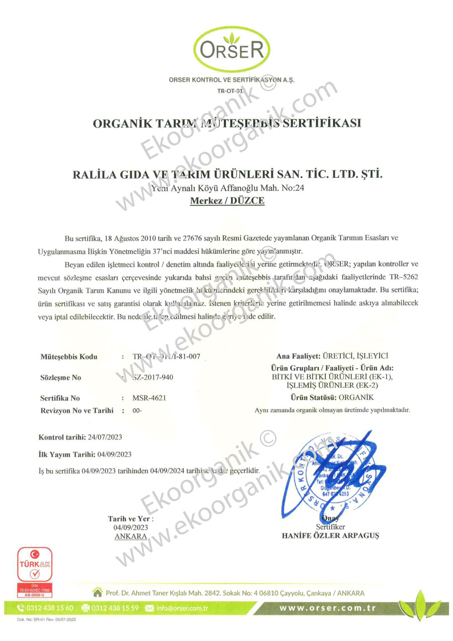 Ralila Organic Food Orser Certificate