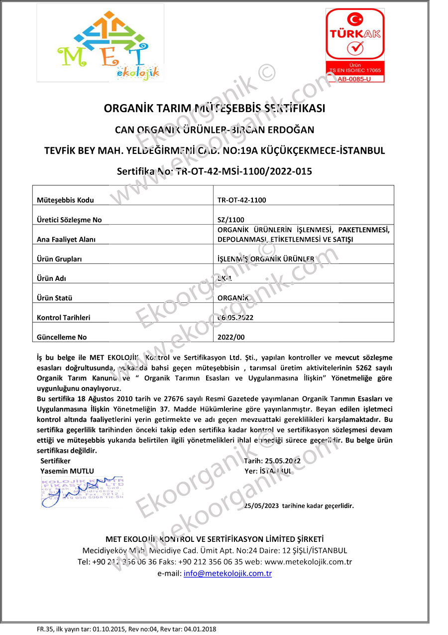 Can Organic, Bircan Erdoğan Met Certificate