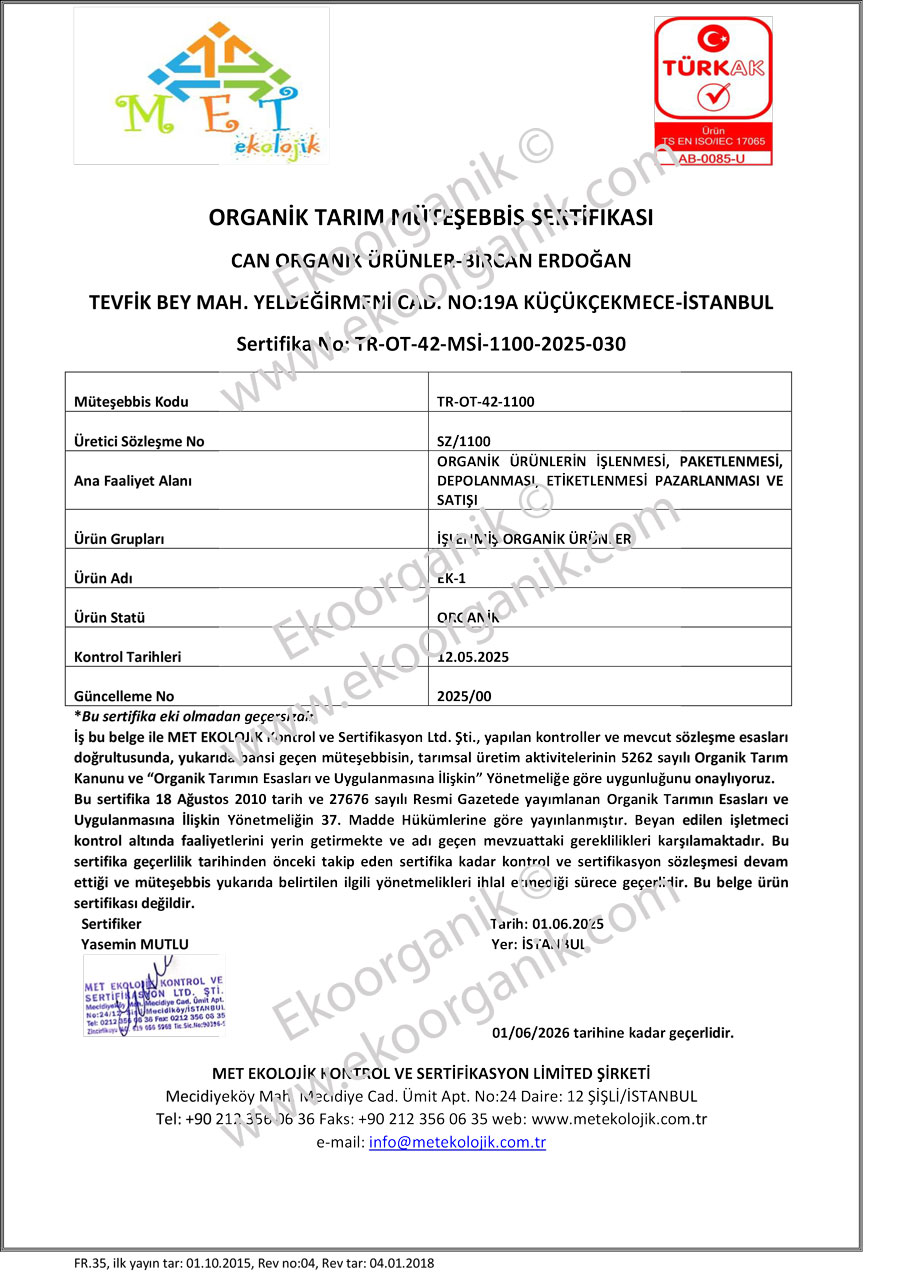 Can Organic, Bircan Erdoğan Met Certificate