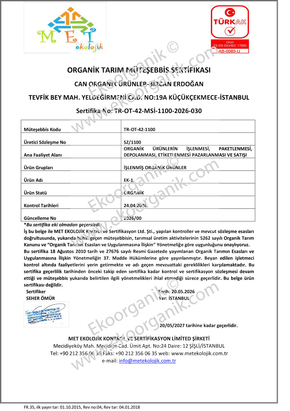 Can Organic, Bircan Erdoğan Met Certificate