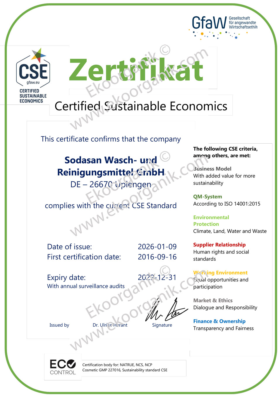 SODASAN (Jürgen Hack & Kerstin Stromberg) CSE Certificate