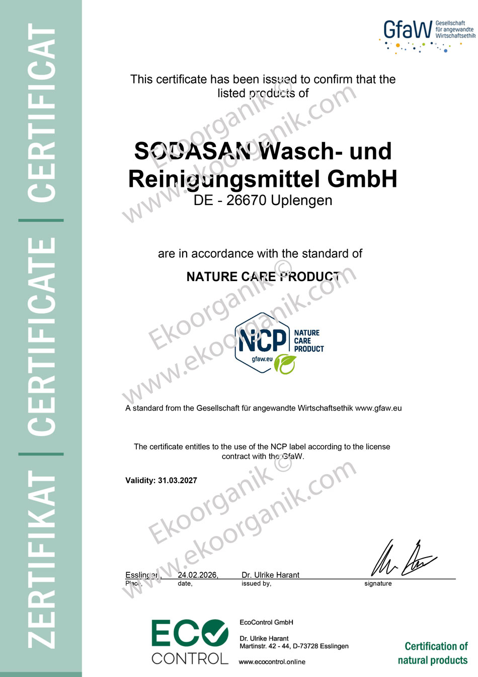 SODASAN (Jürgen Hack ve Kerstin Stromberg) NCP Sertifika