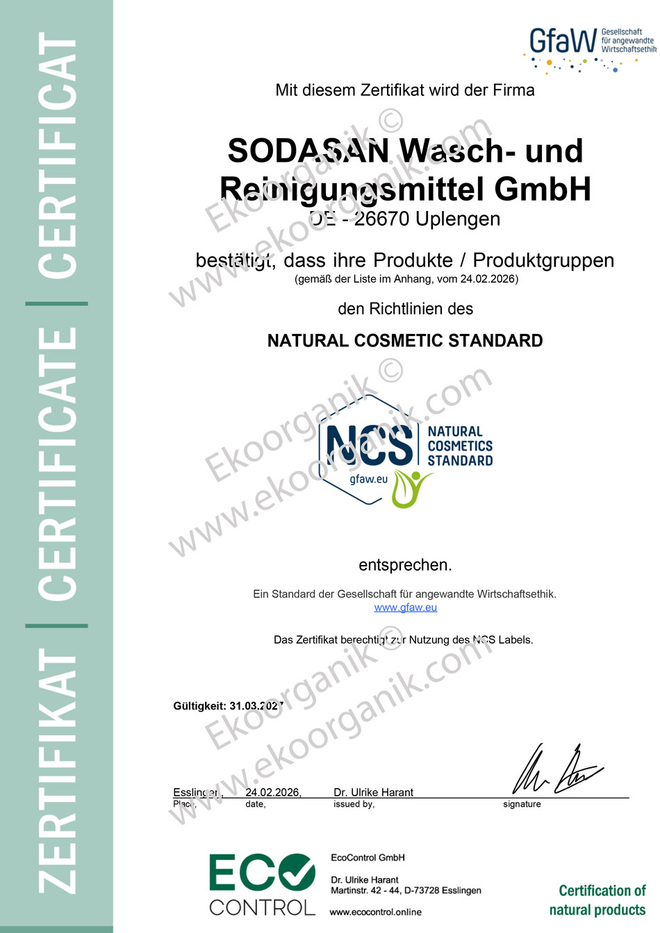 SODASAN (Jürgen Hack & Kerstin Stromberg) NCS Certificate
