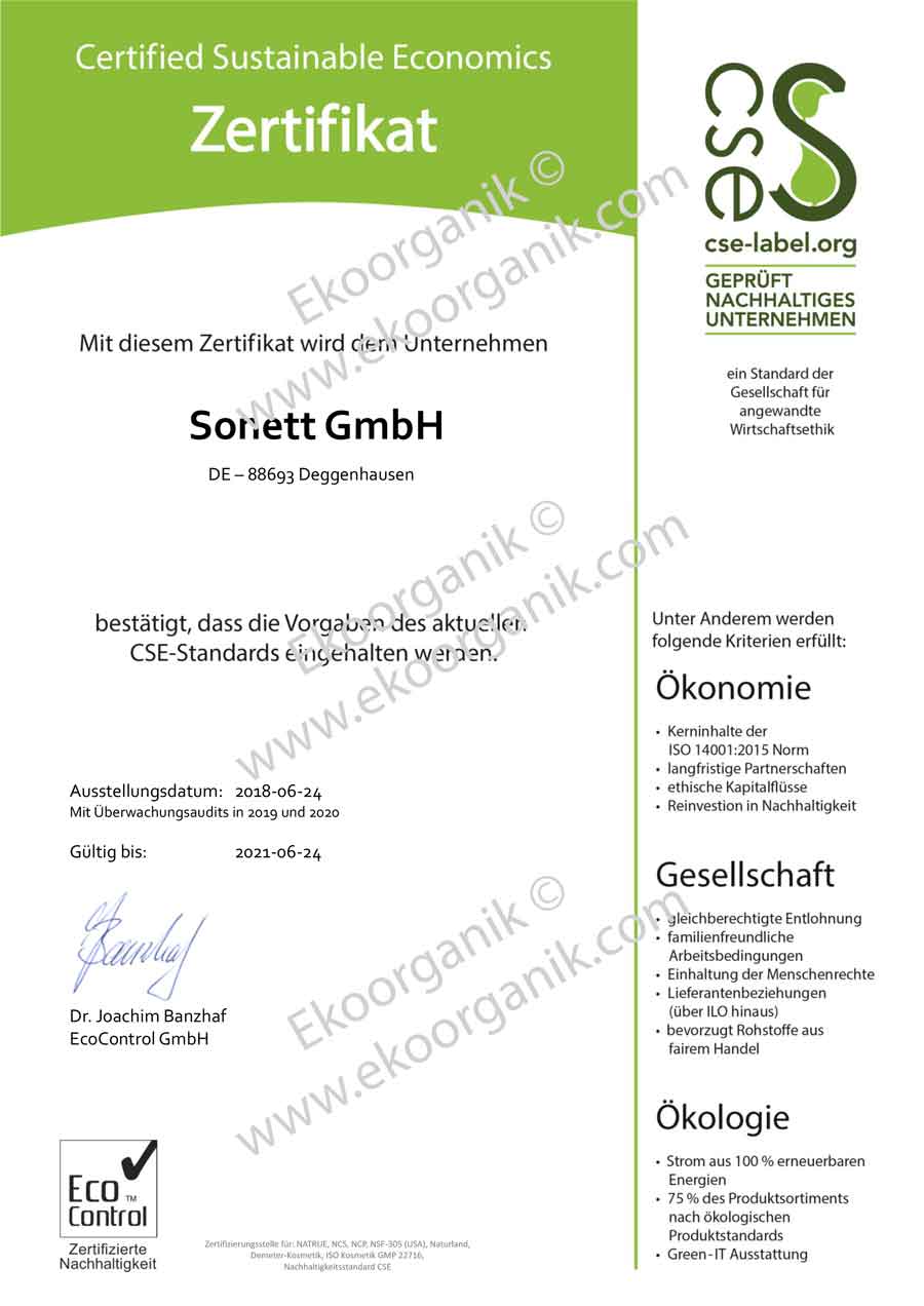 Sonett GMBH, Ecologic Cleaning CSE Certificate