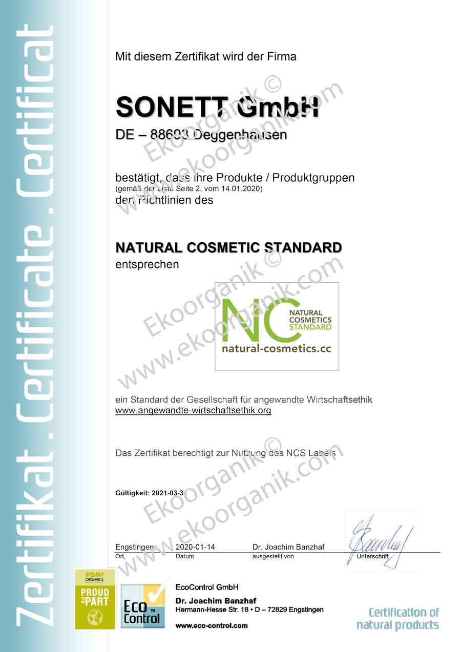 Sonett GMBH, Ecologic Cleaning NCC Certificate