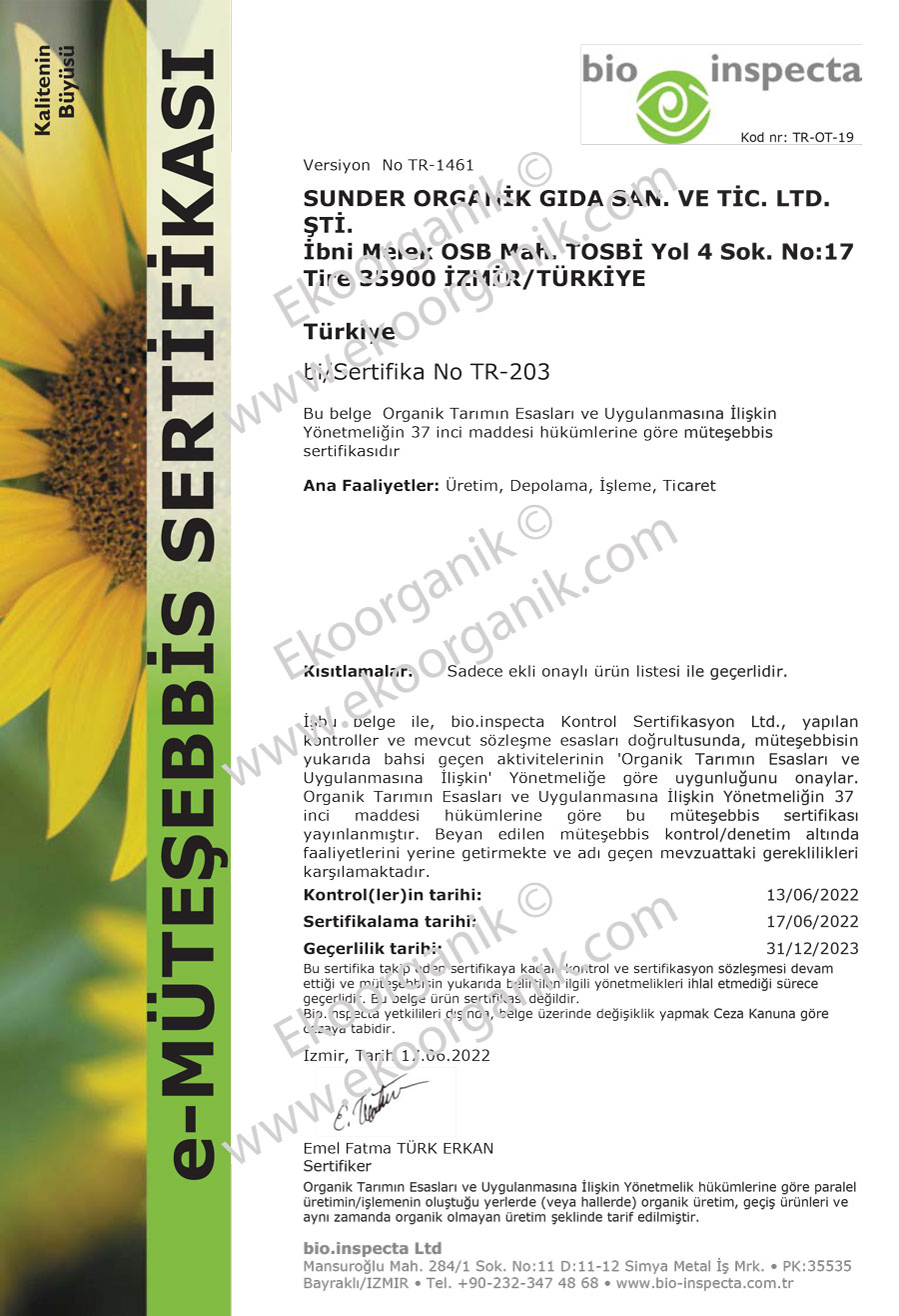 Sunder Organic Bio Inspecta Certificate