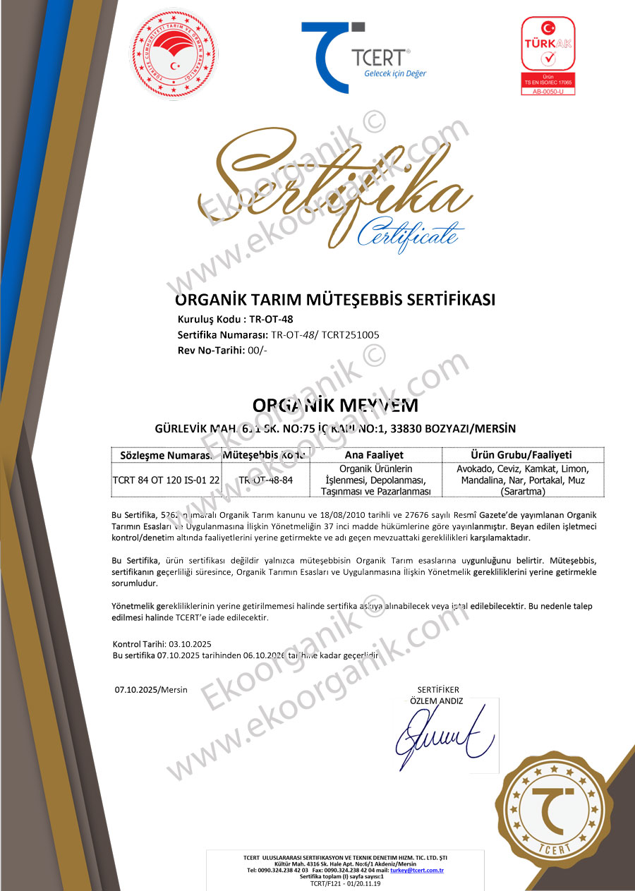 Talat Çelik Organic Farm TCERT Certificate