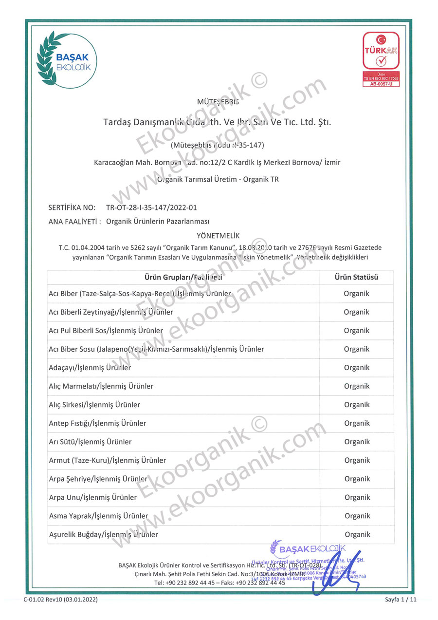 TARDAŞ Agricultural Consultancy Başak Ecologic Certificate