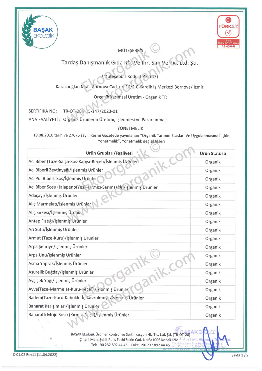 TARDAŞ Agricultural Consultancy Başak Ecologic Certificate