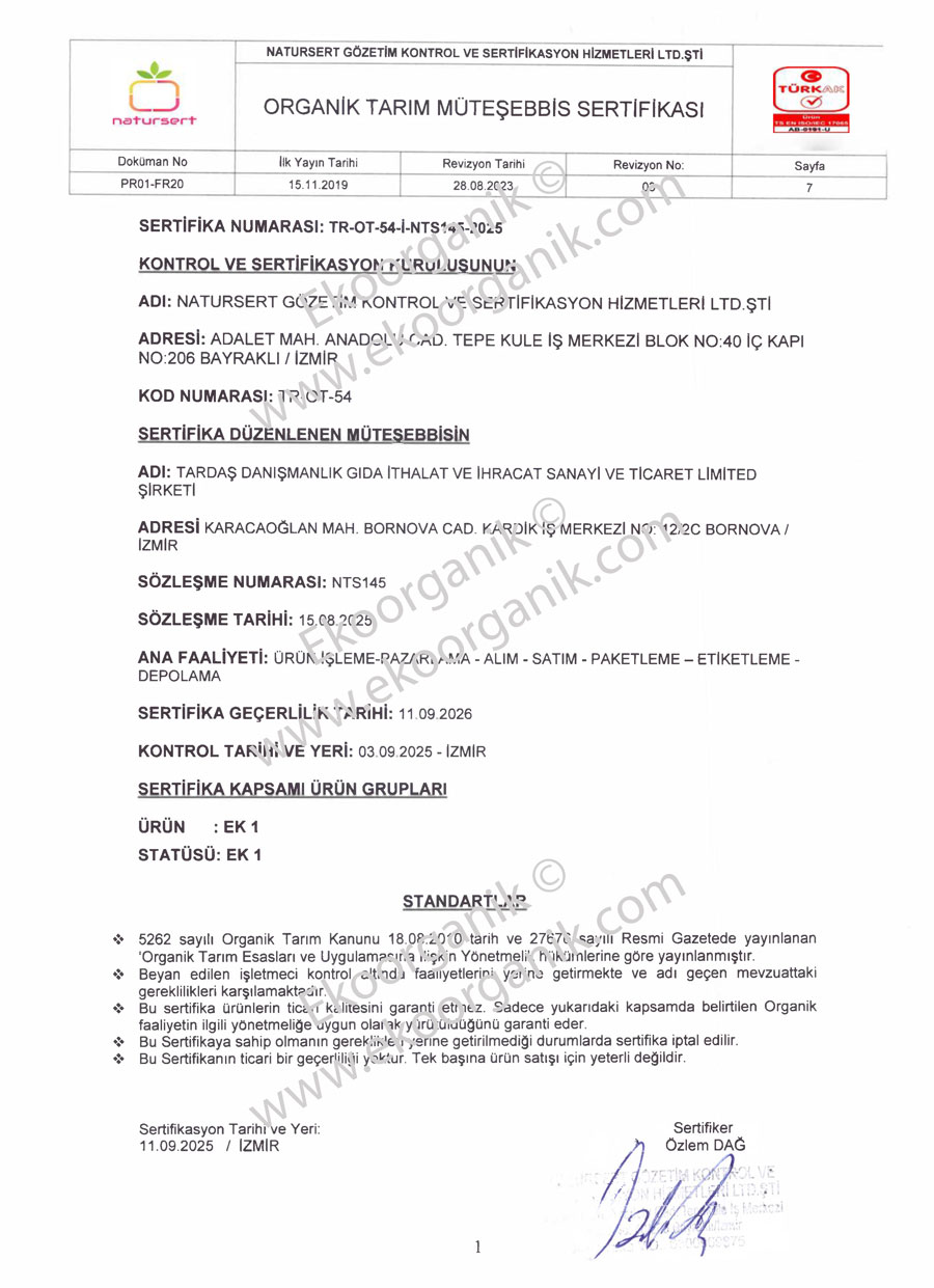 TARDAŞ Agricultural Consultancy Natursert Certificate