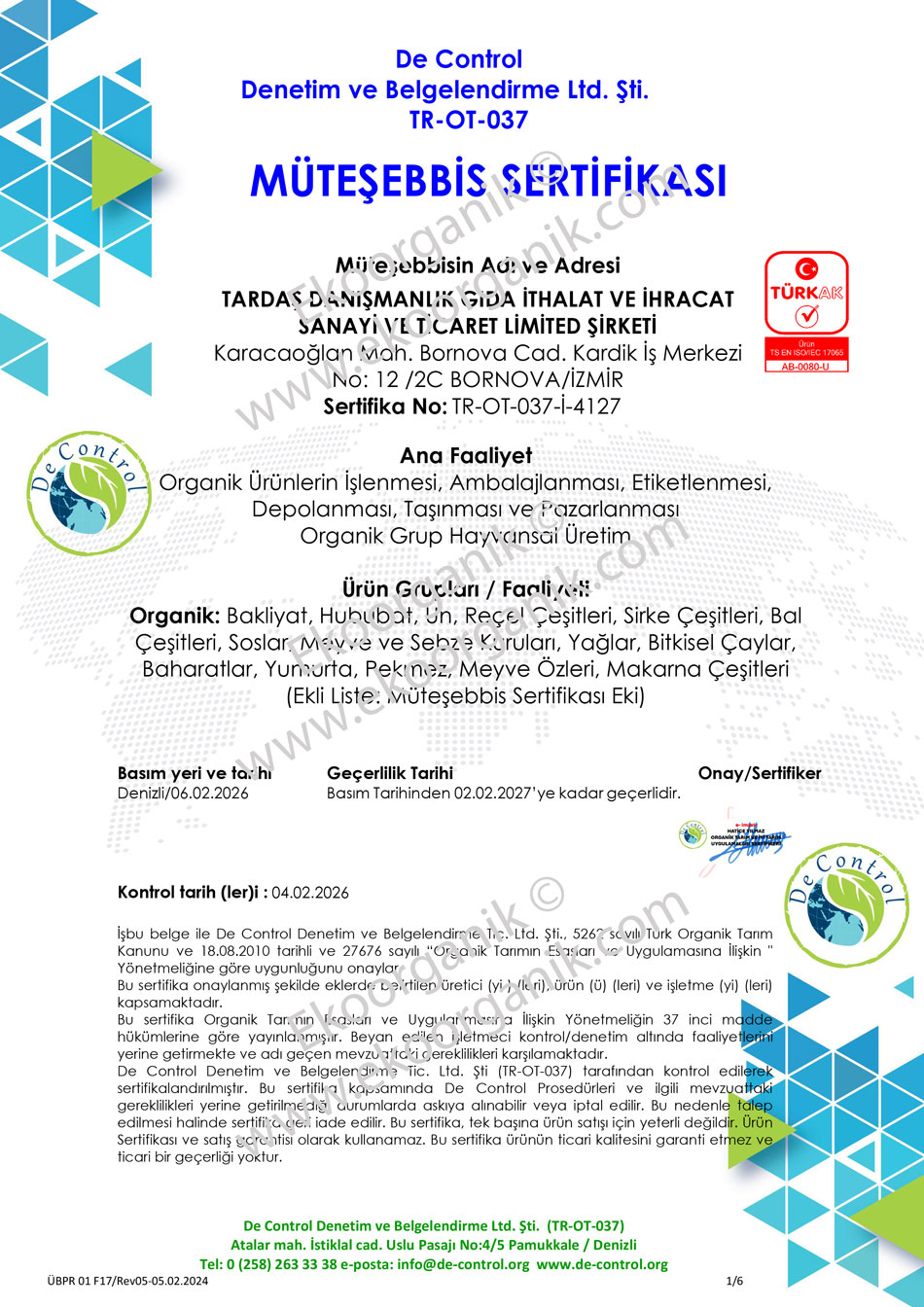 TARDAŞ Agricultural Consultancy De Control Certificate