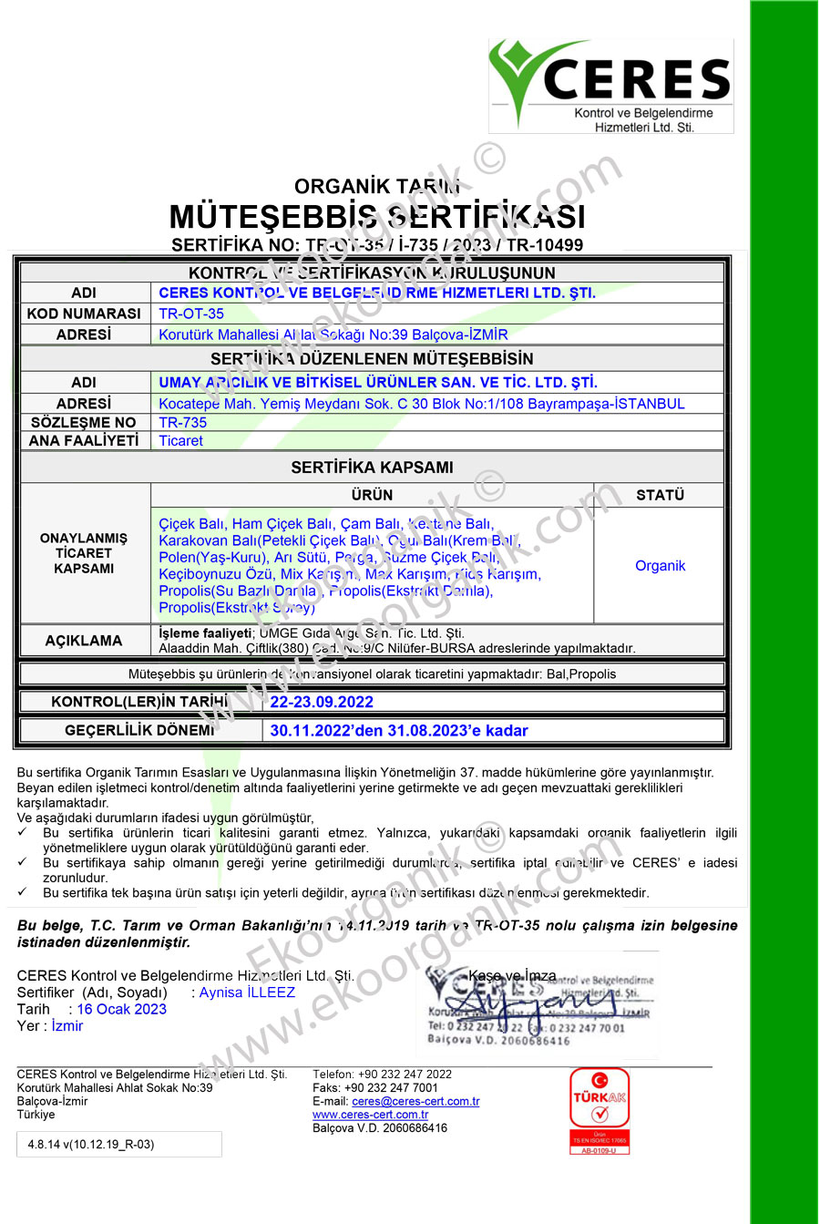 Umay Organic Beekeeping, Zara, Sivas, Turkey Ceres Certificate