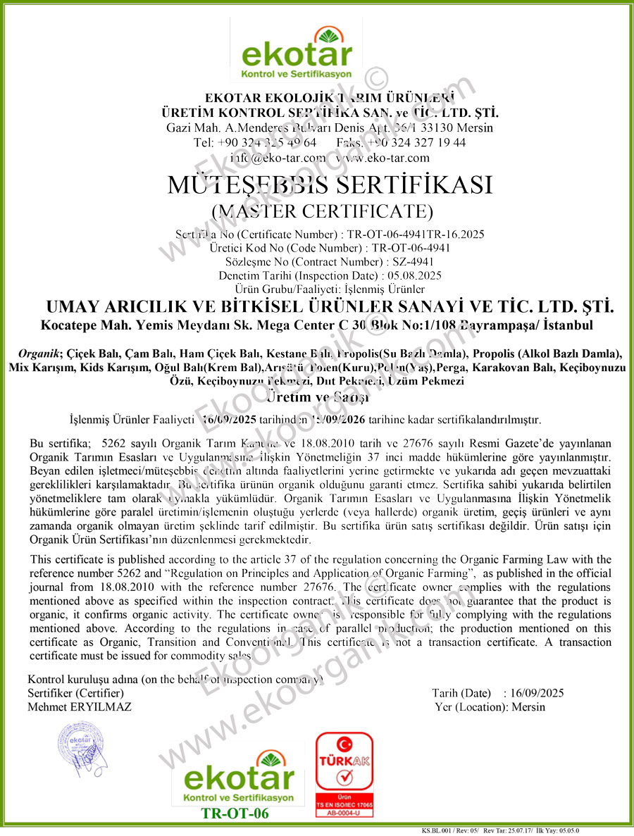 Umay Organik Arıcılık, Sivas Zara Balı Ekotar Sertifika