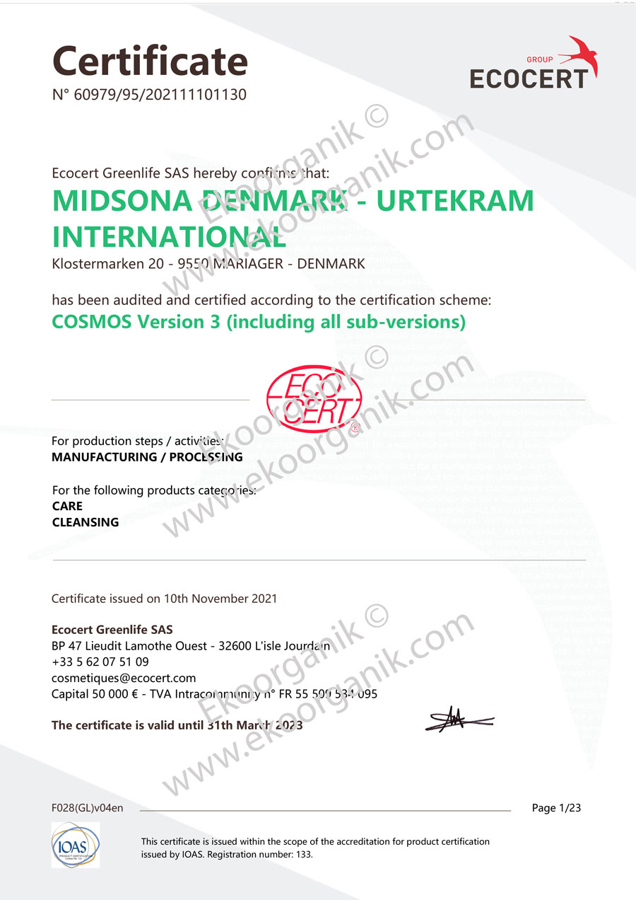 Urtekram Organic, Denmark ECOCERT Certificate