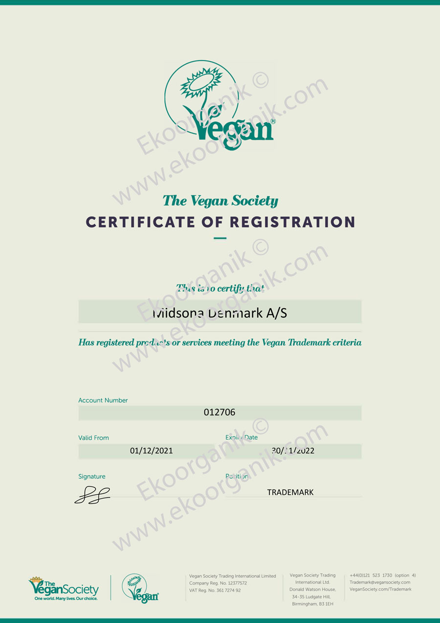 Urtekram Organic, Denmark Vegan Society Certificate