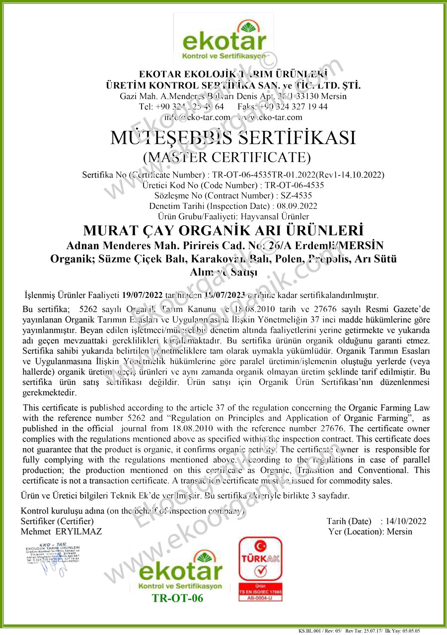 Şahbaz Çay Organic Beekeeper, Turkey Ekotar Certificate