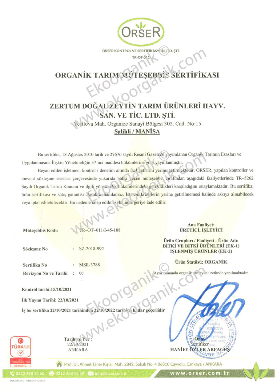 Zertum Olive Farm Orser Certificate
