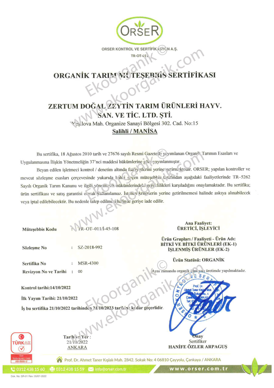 Zertum Olive Farm Orser Certificate