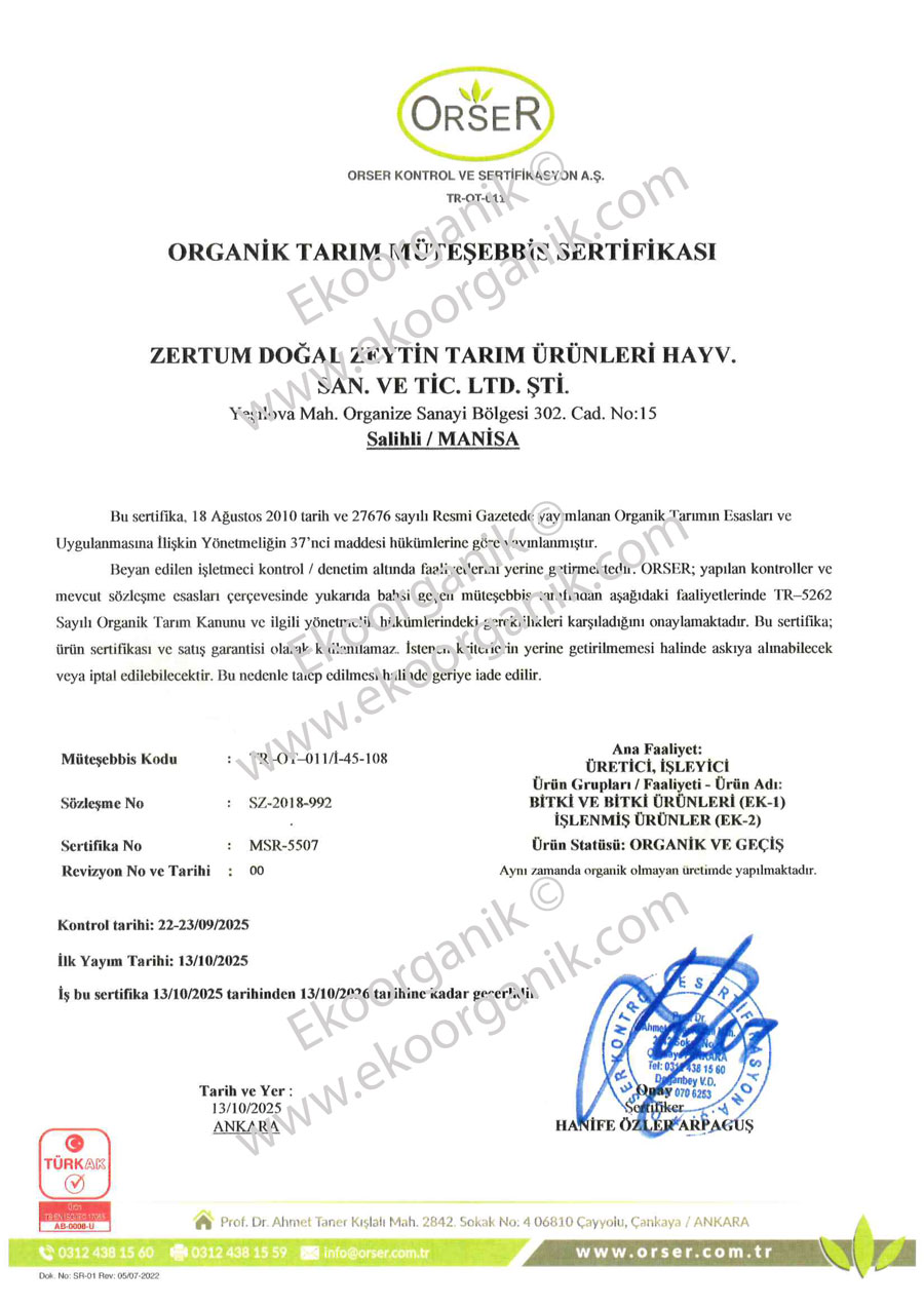 Zertum Zeytincilik, Manisa Salihli Orser Sertifika